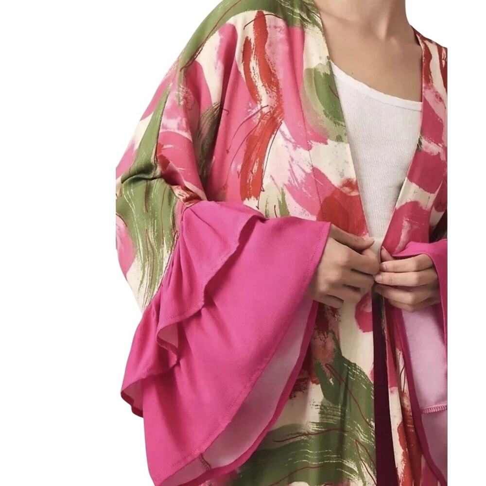 Anthropologie Bel Kazan Floral Kaftan Kimono Maxi Duster Ruffles Bell Sleeve OS - Picture 3 of 15